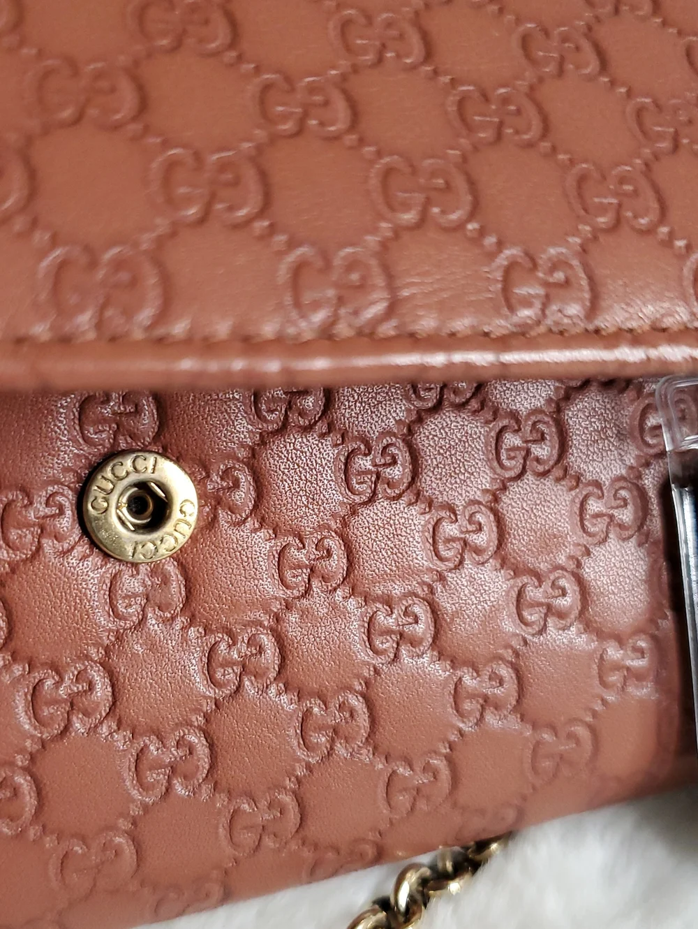 Gucci Coral Embossed GG Leather Chain Clutch with Gold Hardware